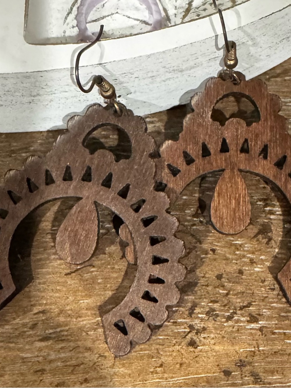 Wooden Teardrop Cutout Dangle Earrings - Brown